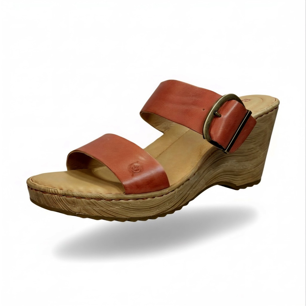 Born Women's Emily LEATHER Straps Wedge Mule Sandals Size 10 M Rust Pink Red - Picture 2 of 15